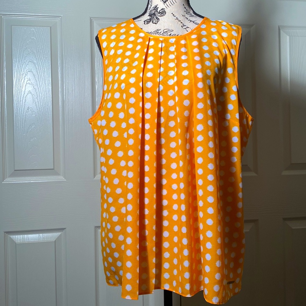 Michael Kors Orange Polka Dot Sleeveless Pleated Blouse